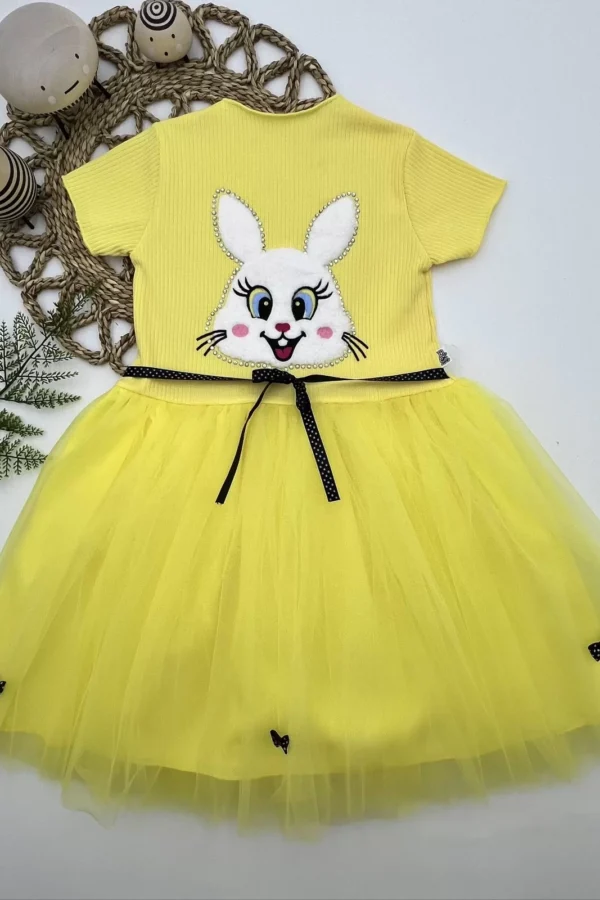 5-6-7 Yaş Payetli Tavşan Baskılı Kız Çocuk Elbisesi