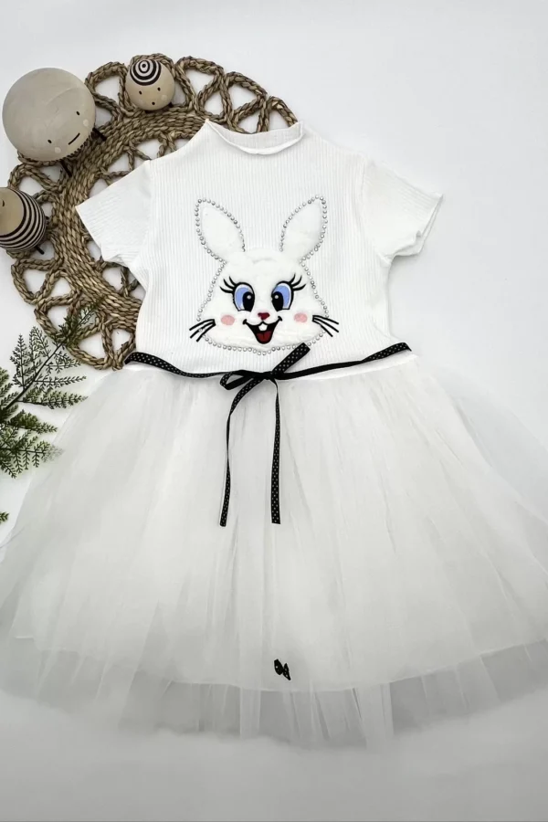 5-6-7 Yaş Payetli Tavşan Baskılı Kız Çocuk Elbisesi