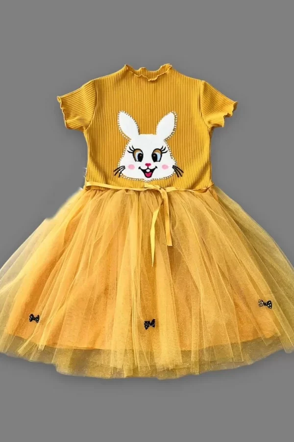 5-6-7 Yaş Payetli Tavşan Baskılı Kız Çocuk Elbisesi