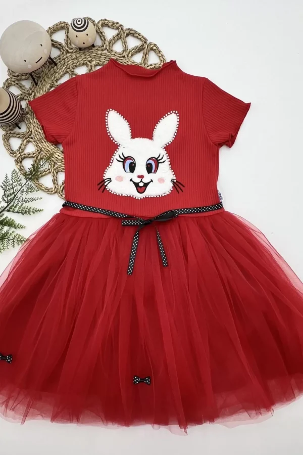 5-6-7 Yaş Payetli Tavşan Baskılı Kız Çocuk Elbisesi