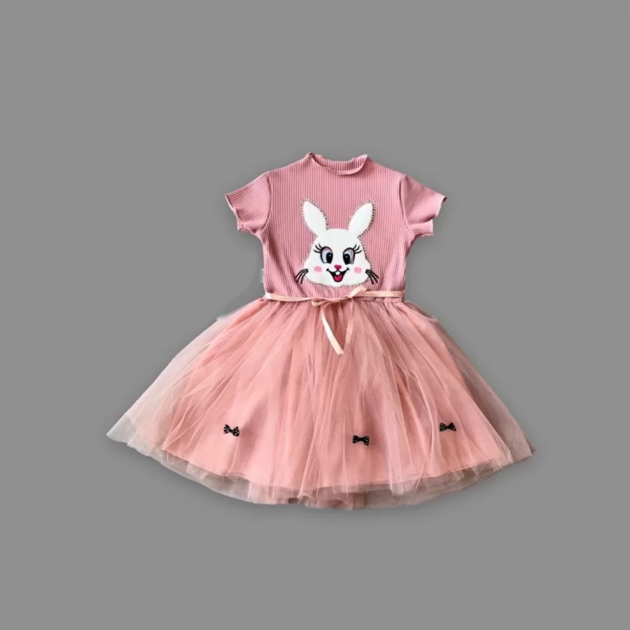 5-6-7 Yaş Payetli Tavşan Baskılı Kız Çocuk Elbisesi - Görsel 2