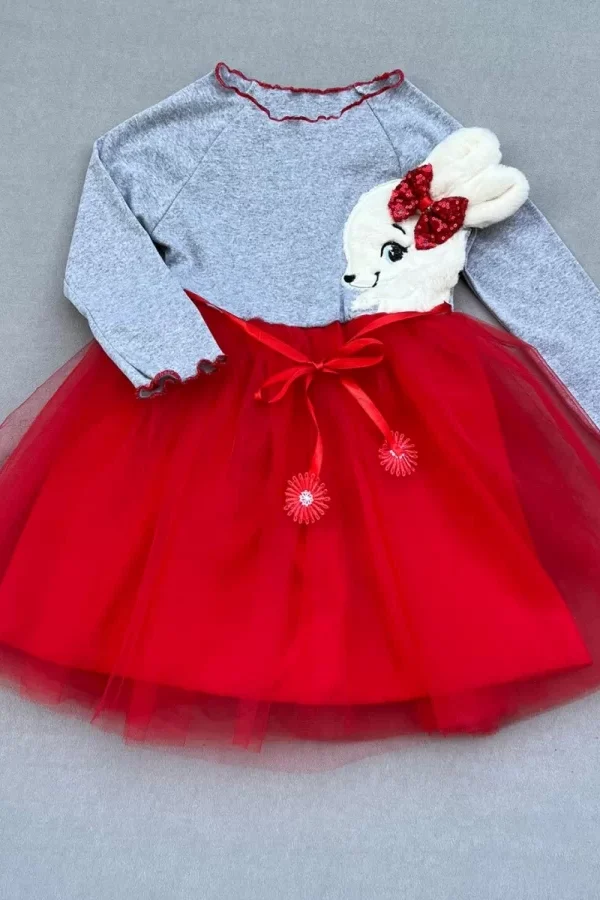 5-6-7 Yaş Pelüş Tavşan Desenli Kurdela Kuşaklı Astarlı Kız Çocuk Tütü Elbise