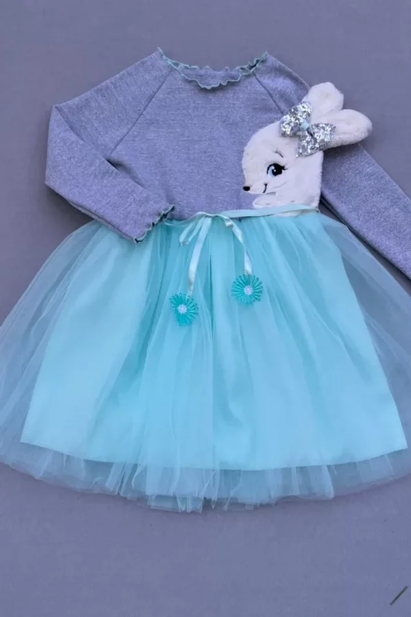 5-6-7 Yaş Pelüş Tavşan Desenli Kurdela Kuşaklı Astarlı Kız Çocuk Tütü Elbise