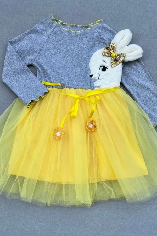 5-6-7 Yaş Pelüş Tavşan Desenli Kurdela Kuşaklı Astarlı Kız Çocuk Tütü Elbise