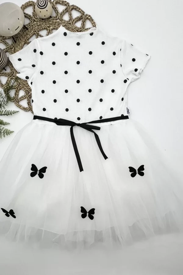 5-6-7 Yaş Puantiyeli Kelebek Etekli Astarlı Kız Çocuk Elbisesi
