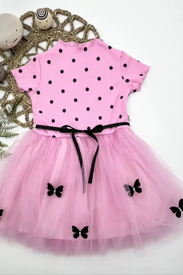 5-6-7 Yaş Puantiyeli Kelebek Etekli Astarlı Kız Çocuk Elbisesi