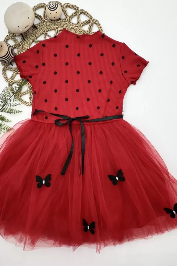 5-6-7 Yaş Puantiyeli Kelebek Etekli Astarlı Kız Çocuk Elbisesi