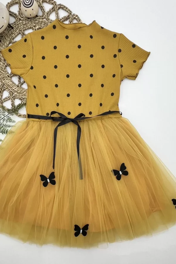 5-6-7 Yaş Puantiyeli Kelebek Etekli Astarlı Kız Çocuk Elbisesi