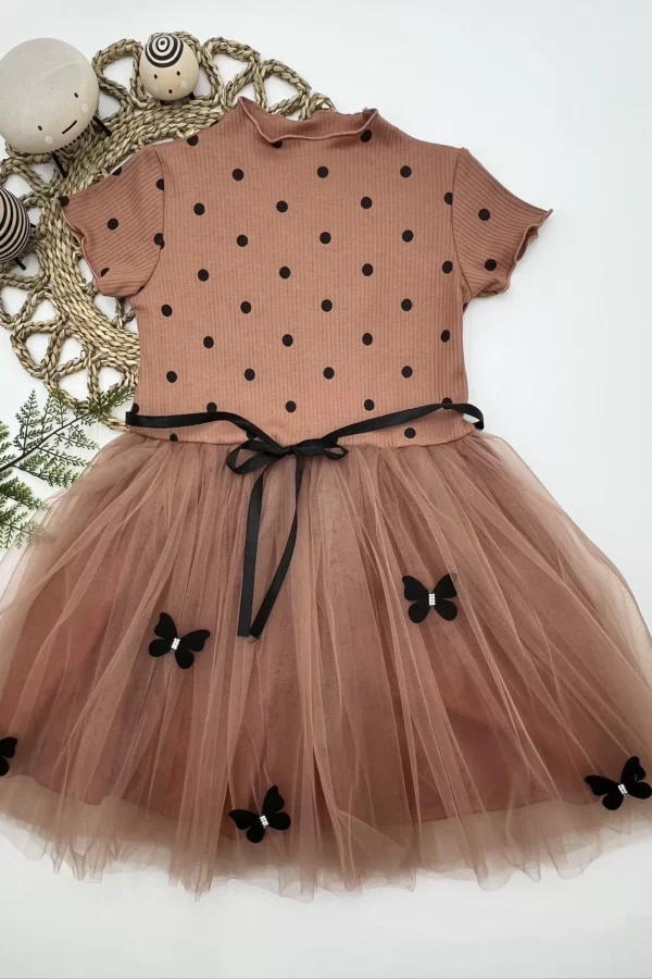 5-6-7 Yaş Puantiyeli Kelebek Etekli Astarlı Kız Çocuk Elbisesi