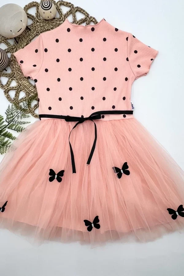 5-6-7 Yaş Puantiyeli Kelebek Etekli Astarlı Kız Çocuk Elbisesi