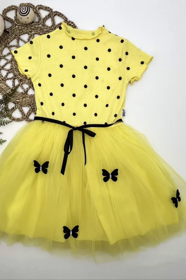 5-6-7 Yaş Puantiyeli Kelebek Etekli Astarlı Kız Çocuk Elbisesi
