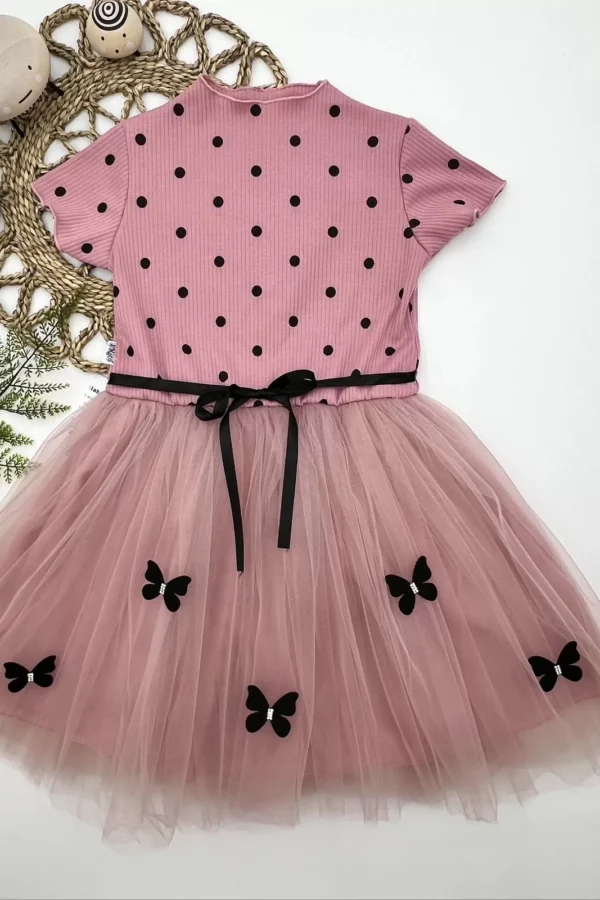 5-6-7 Yaş Puantiyeli Kelebek Etekli Astarlı Kız Çocuk Elbisesi