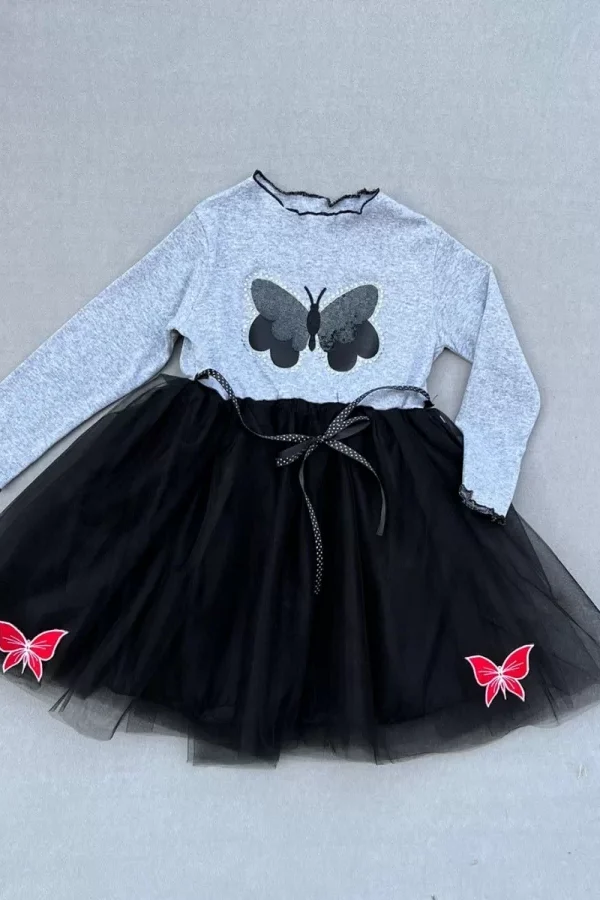 5-6-7 Yaş Taşlı Kelebek Desenli Kurdela Kuşaklı Astarlı Kız Çocuk Tütü Elbise