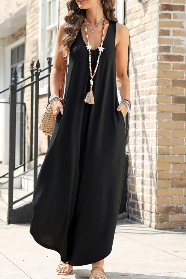 Kadın Askılı Yuvarlak Yaka Cepli Salaş Uzun Viskon Tulum