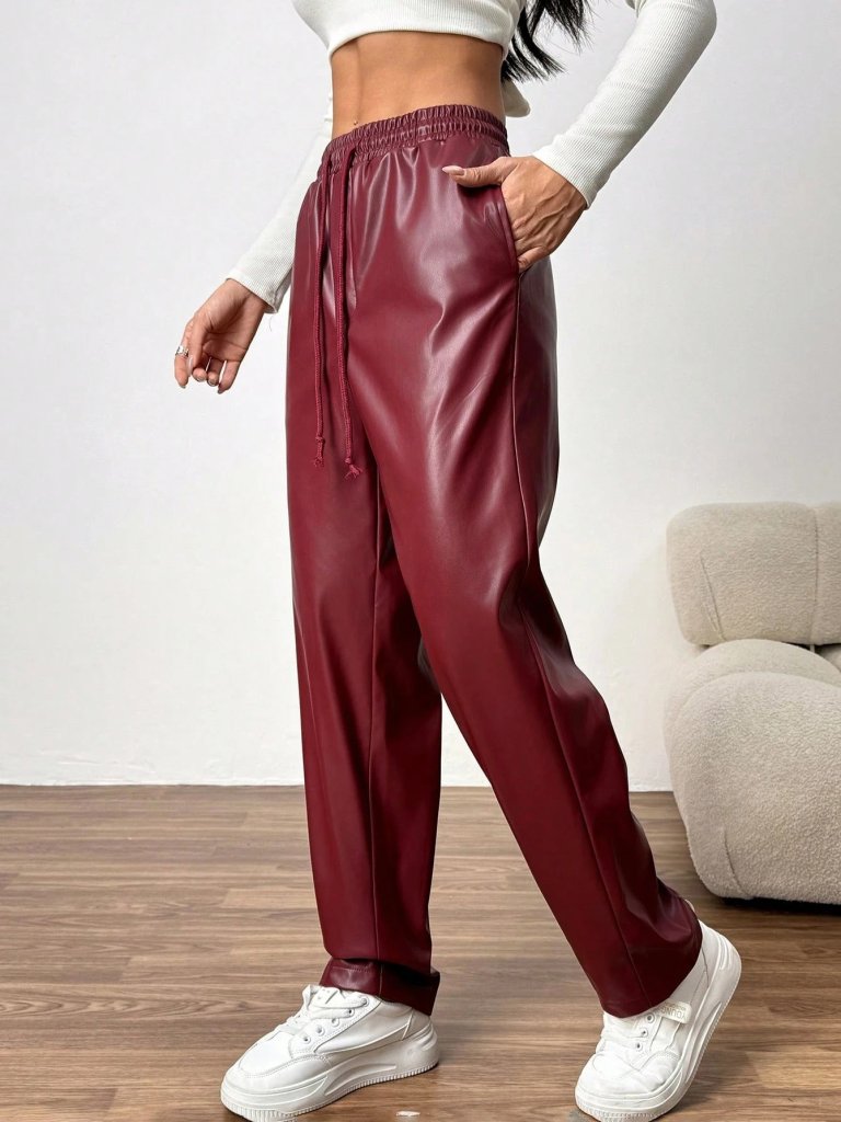 Kadın Yüksel Bel Bağcıklı Deri Pantolon - Görsel 14