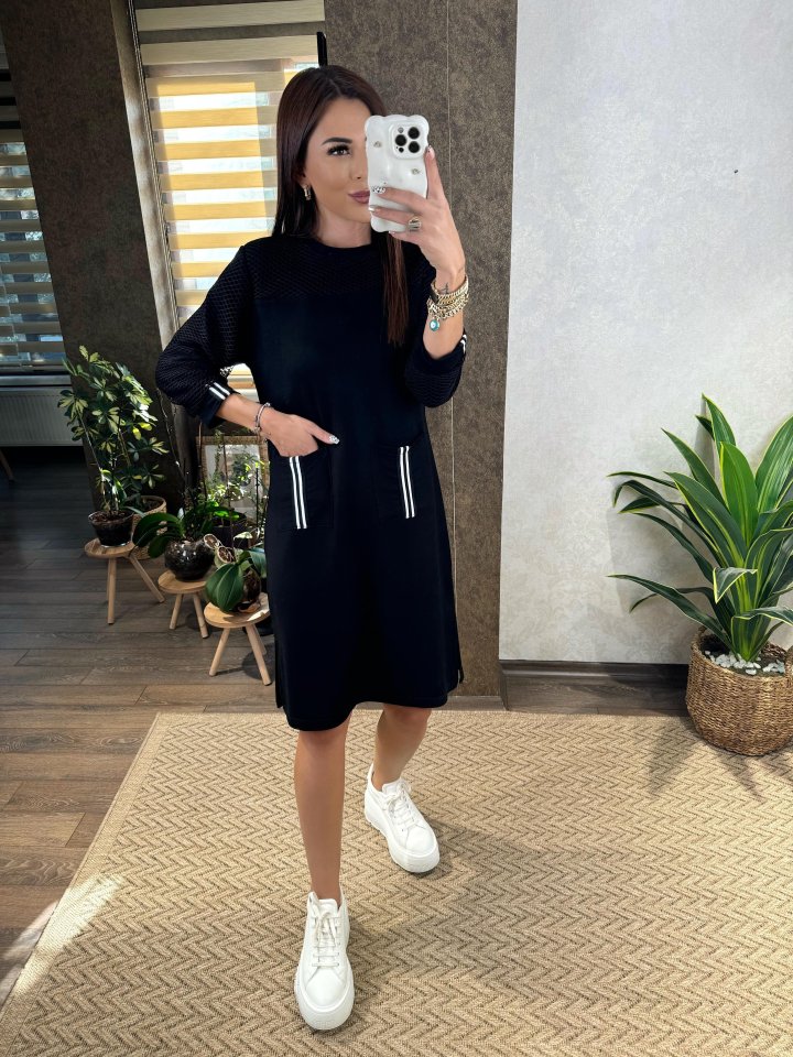 Kadın Viskon Pamuklu Kumaş Kol File , şerit Ve Cep Detaylı Elbise - Görsel 9