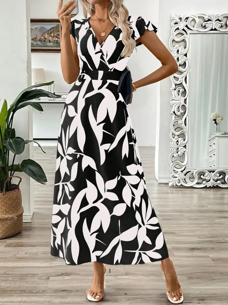 Kadın Kısa Kelebek Kollu Kruvaze Yaka Desenli Süprem Elbise - Görsel 7