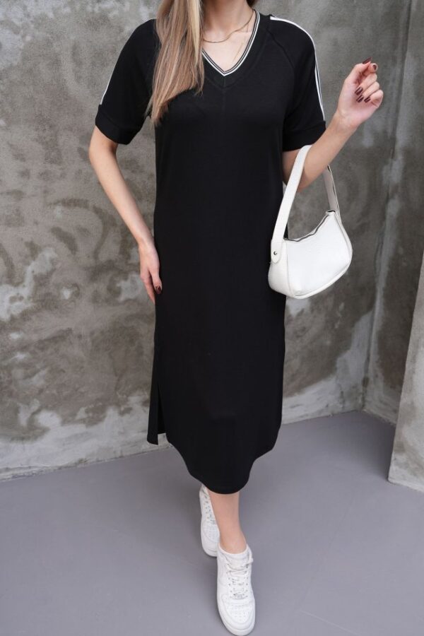 Kadın Kristal Kumaş şerit Ve Yırtmaç Detaylı V Yaka Midi Boy Elbise