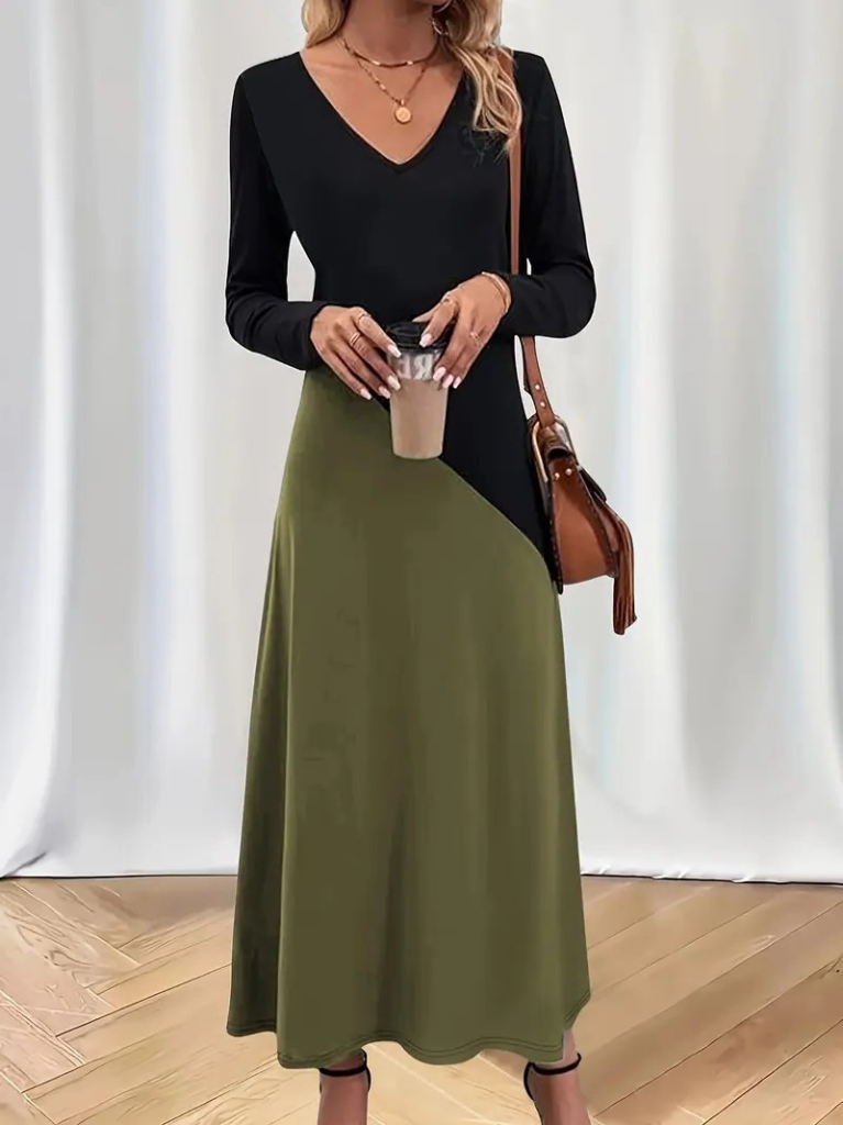 Kadın Uzun Kollu V Yakalı Blok Desenli Viskon Elbise - Görsel 3