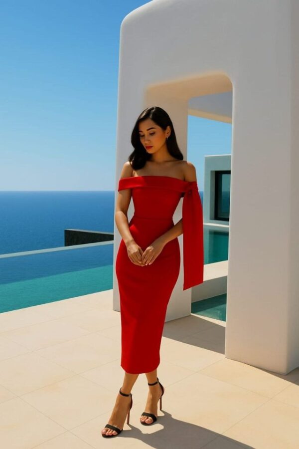 Kadın Dalgıç Krep Kumaş Madonna Yaka Midi Boy Elbise