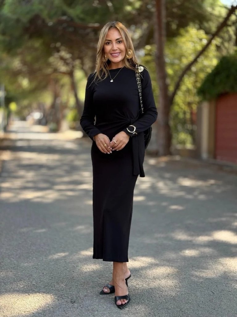 Kadın Uzun Kollu Bisiklet Yaka Yandan Bağlamalı Uzun Modal Elbise - Görsel 3