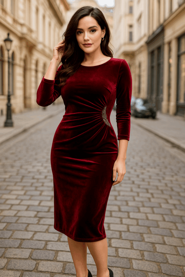 Kadın Uzun Kollu Yakası Açık Yanlardan Büzgülü Taş Detaylı Midi Kadife Elbise