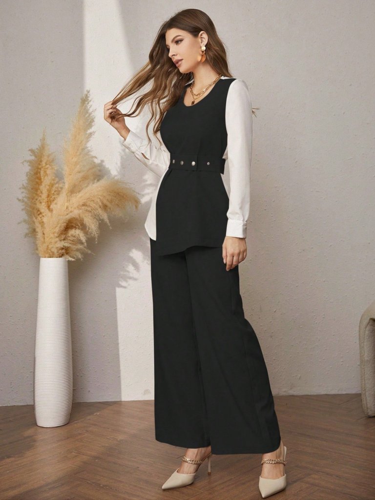 Kadın Uzun Kollu Açık Yakalı çift Renkli Kemerli Ithal Krep Ikili Takım - Görsel 11