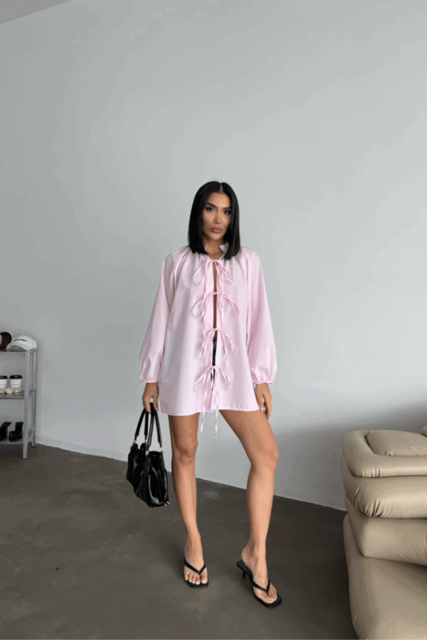 GÖMLEK POPLİN HAKİM YAKA ÖNDEN BAĞLAMA İP DETAYLI - Pembe