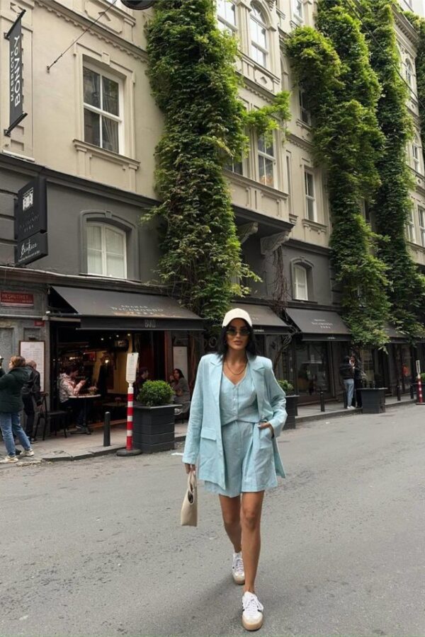 ÇİZGİLİ KETEN CEKET YELEK ŞORT TK - Yeşil