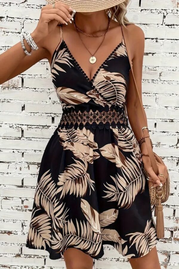 Kadın Ip Askılı Kruvaze Yakalı Desenli Mini Süprem Mini Elbise