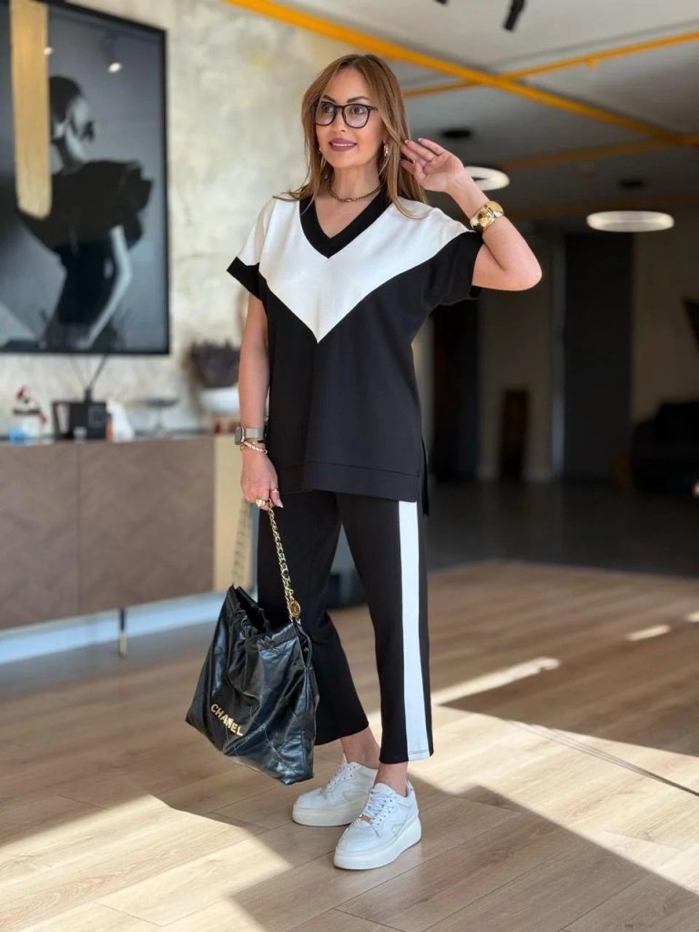 Kadın Kısa Kollu V Yaka Siyah Beyaz Renkli Viskon Iki Iplik Kumaş Eşofman Takımı - Görsel 3