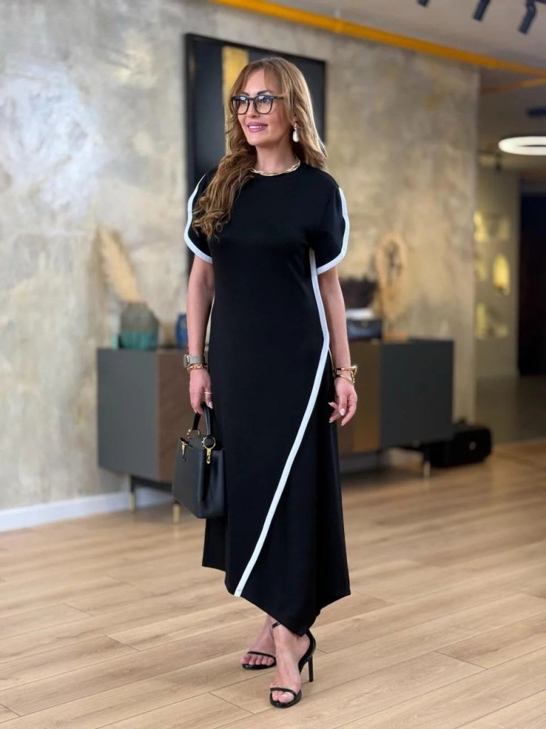 Kadın Kısa Kollu Bisiklet Yaka çift şerit Renk Detaylı Asimetrik Kesim Viskon Iki Iplik Elbise - Görsel 2