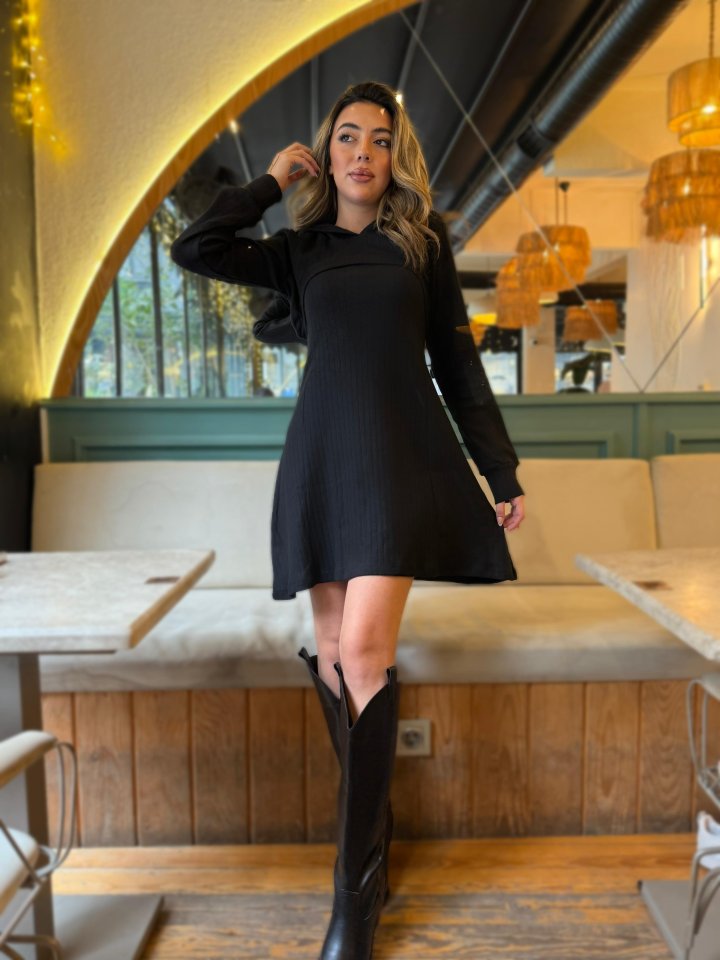 Kadın Uzun Kollu Kapüşonlu Ceket üst Ve Askısız Kare Yaka A Kesim şardonlu Kaşkorse Elbise - Görsel 5