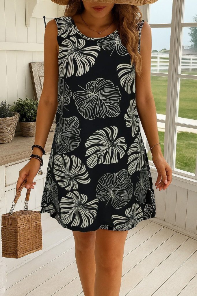 Kadın Sıfır Kollu Yuvarlak Yaka Desenli Süprem Elbise - Görsel 5