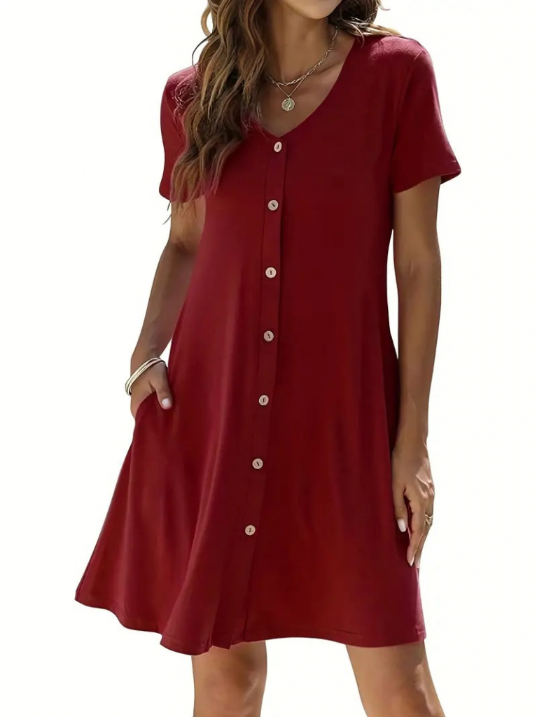 Kadın Kısa Kollu V Yaka önü Düğmeli Viskon Elbise - Görsel 13