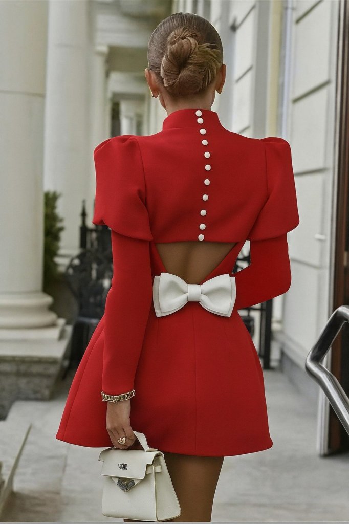 Kadın Uzun Kollu Yarı Balıkçı Yaka Arkadan Kurdela Detaylı Mini Atlas Elbise - Görsel 3