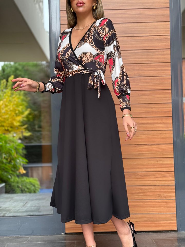 Kadın Uzun Kollu Kruvaze Yaka Dalgıç Krep Midi Boy Elbise - Görsel 2