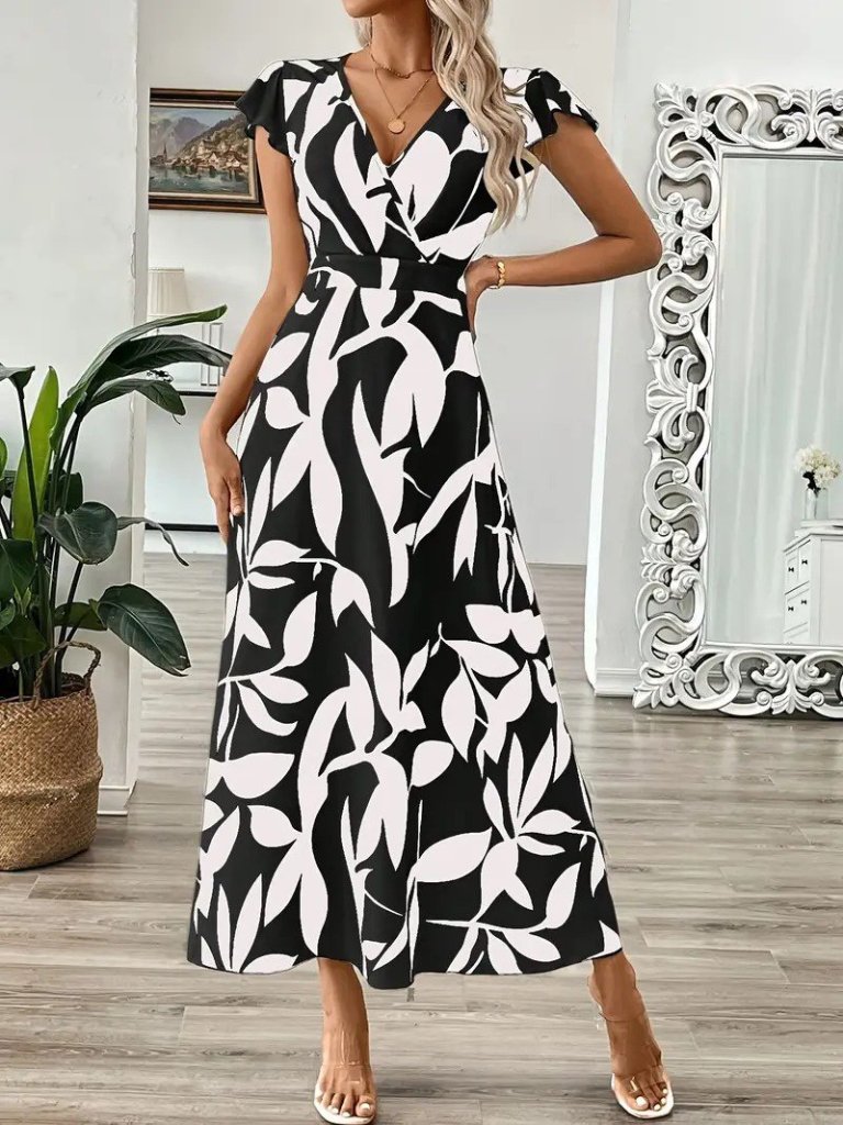 Kadın Kısa Kelebek Kollu Kruvaze Yaka Desenli Süprem Elbise - Görsel 10