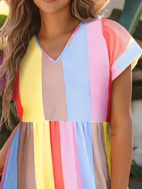 Kadın Kısa Kollu V Yakalı şerit Desenli Süprem Elbise - Görsel 2