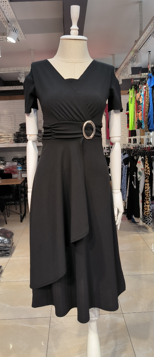 Kadın Kısa Kollu Kruvaze Yaka Kuşak Ve Toka Detay Krep Elbise - Görsel 4