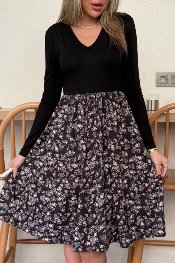 Kadın Uzun Kollu V Yakalı üst Viskon Alt çiçek Desenli Süprem Kısa Elbise