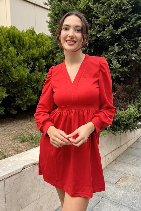 Kadın Uzun Kollu V Yaka Belden Hafif Pileli Scuba Krep Mini Boy Elbise