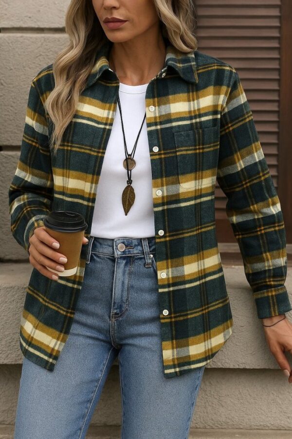 Kadın Uzun Kollu Kare Desenli önden Düğmeli Dokuma Gömlek