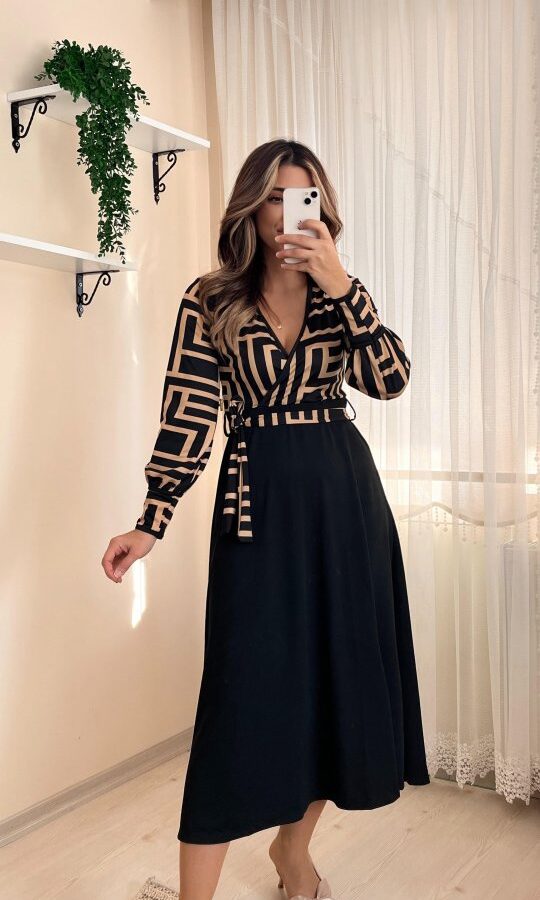 Kadın Uzun Kollu Kruvaze Yaka Dalgıç Krep Midi Boy Elbise