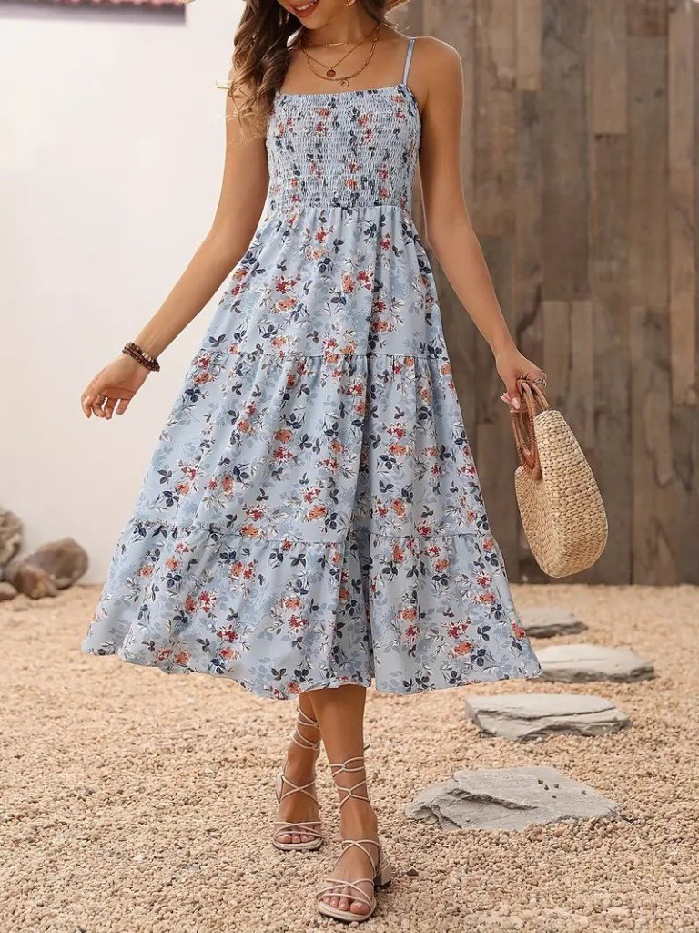 Kadın Ip Askılı Geniş V Yakalı Desenli Uzun Süprem Elbise - Görsel 12