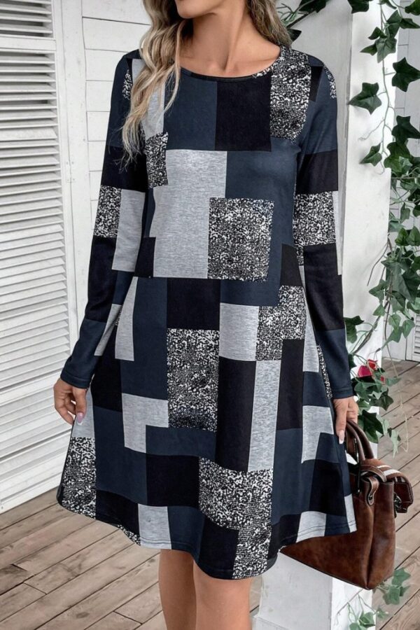 Kadın Uzun Kollu Yuvarlak Yaka Geometrik Süprem Elbise