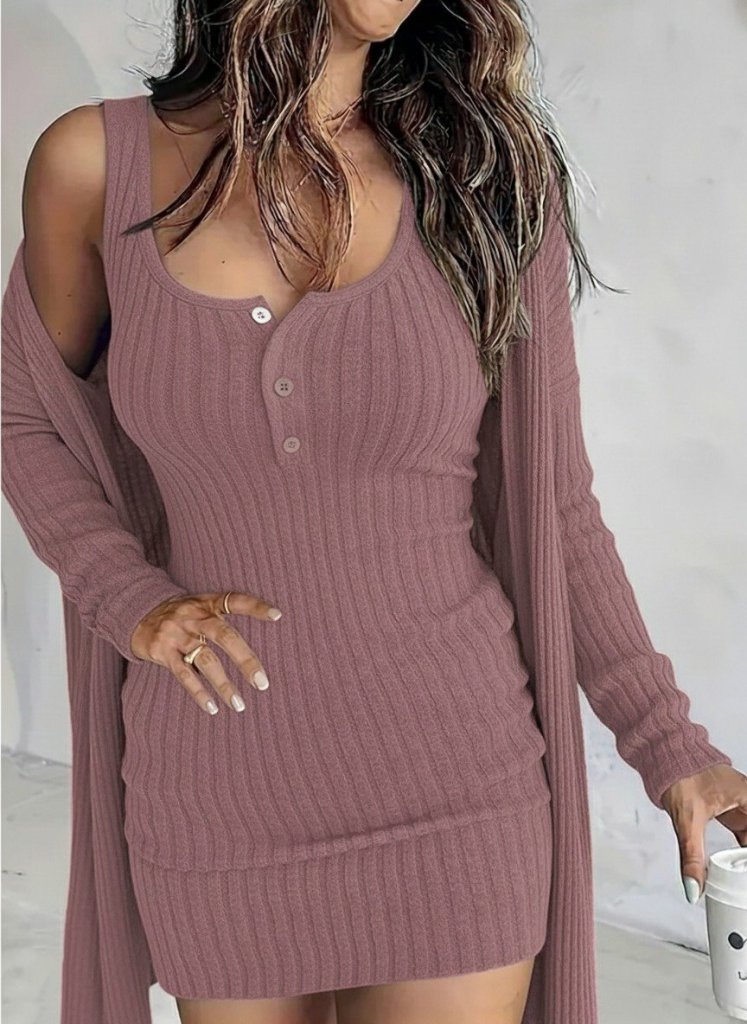 Kadın Askılı Yuvarlak Yakalı önü Düğmeli şardonlu Kaşkorse Mini Elbise Ve Kısa Ceket - Görsel 15