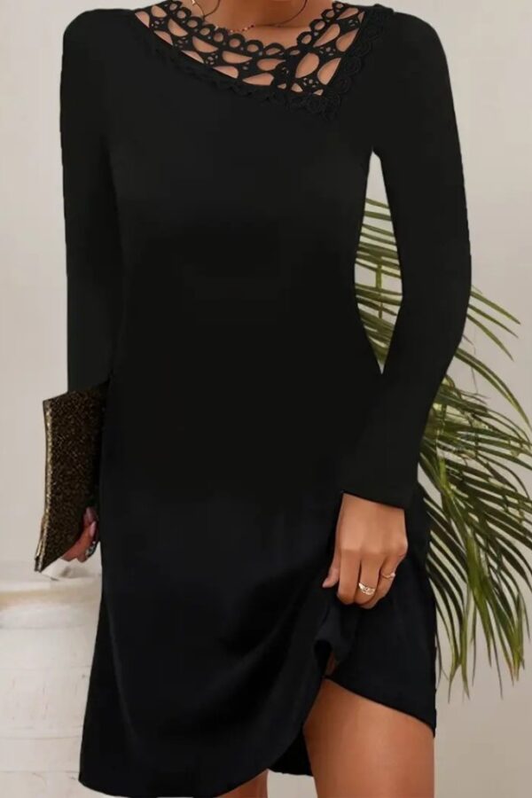 Kadın Uzun Kollu Dantel Yaka Ithal Krep Mini Elbise