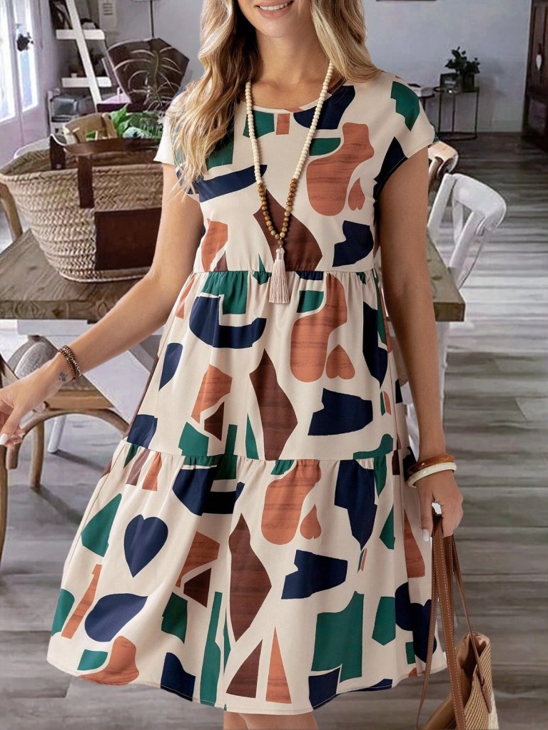 Kadın Kısa Kollu Bisiklet Yaka Desenli Fırfırlı Süprem Elbise - Görsel 7