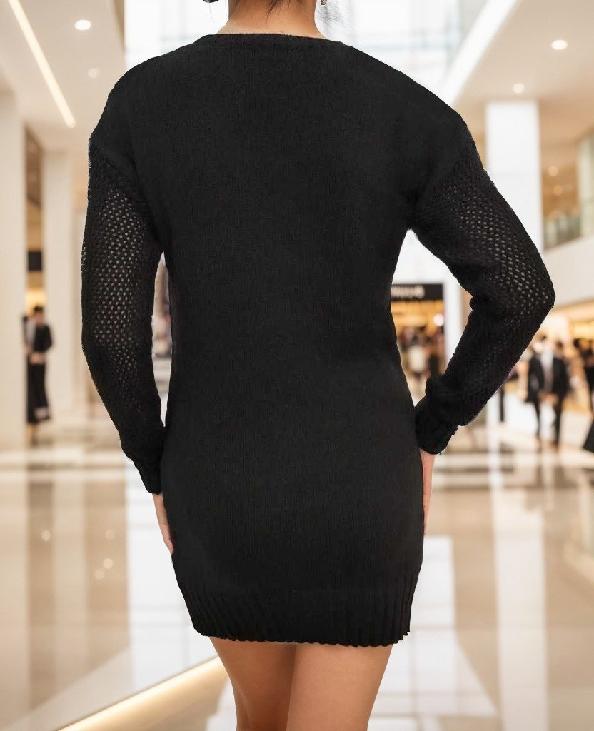 Kadın Uzun Kollu Bisiklet Yaka Triko Elbise (çorapsız) - Görsel 4